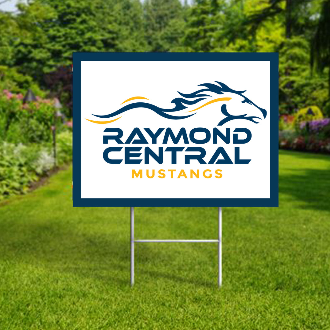Raymond Central Mustangs logo yard sign displayed on a lawn