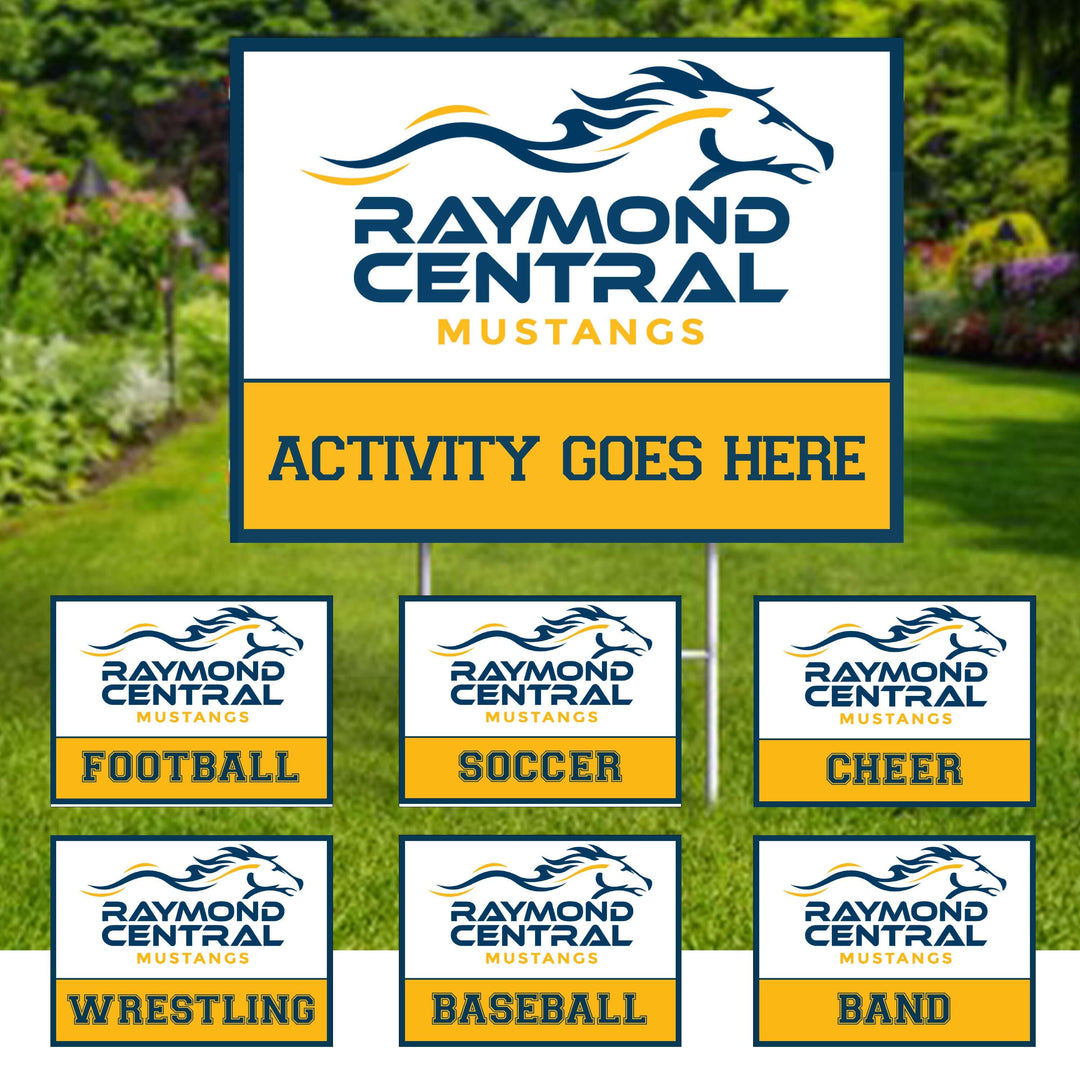 Personalized yard sign for Raymond Central sports team player. The sign features the team logo in the center, surrounded by a background in team colors.