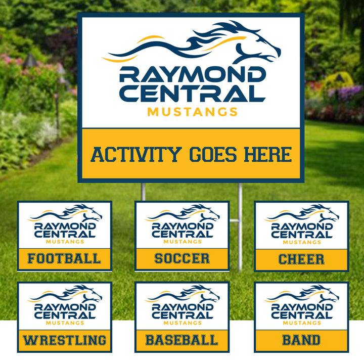 Personalized yard sign for Raymond Central sports team player. The sign features the team logo in the center, surrounded by a background in team colors.