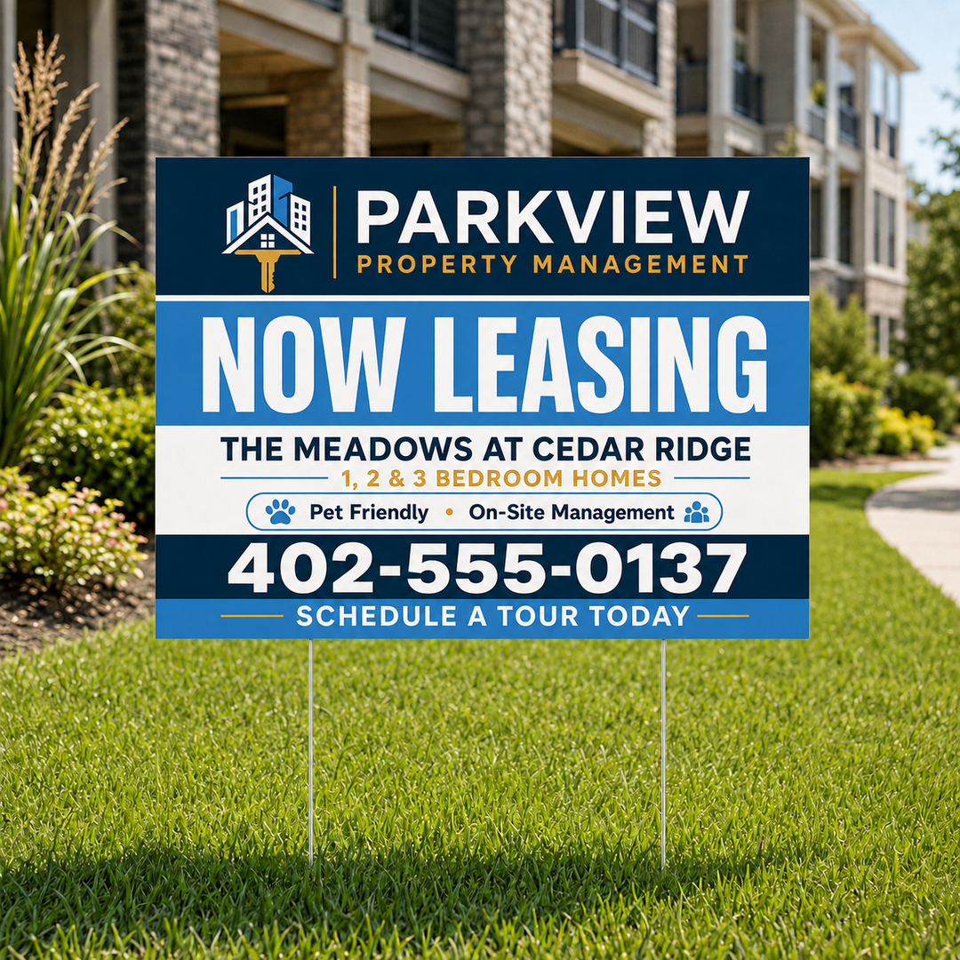 Professional real estate and property management yard sign on an aluminum H-frame