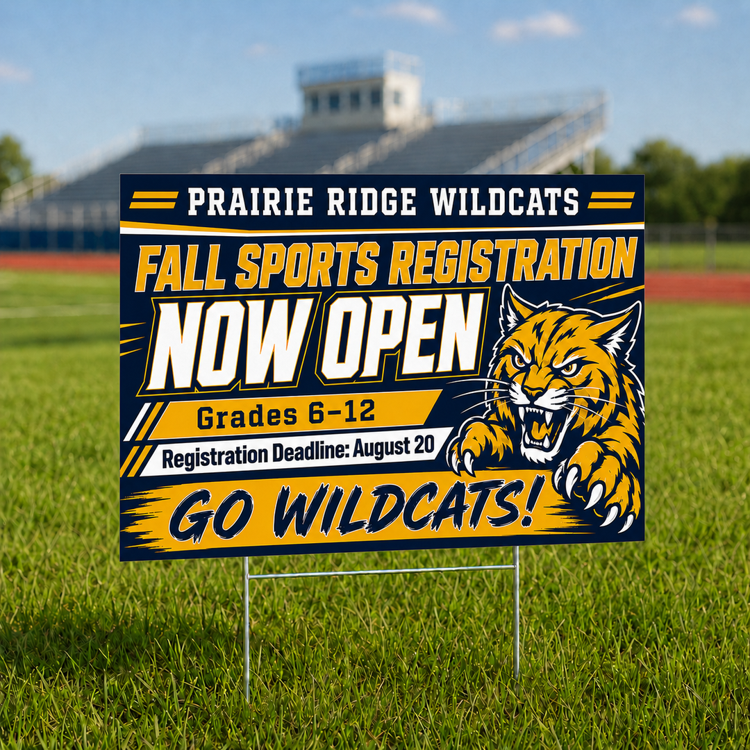 Custom school and sports team yard sign displayed outdoors
