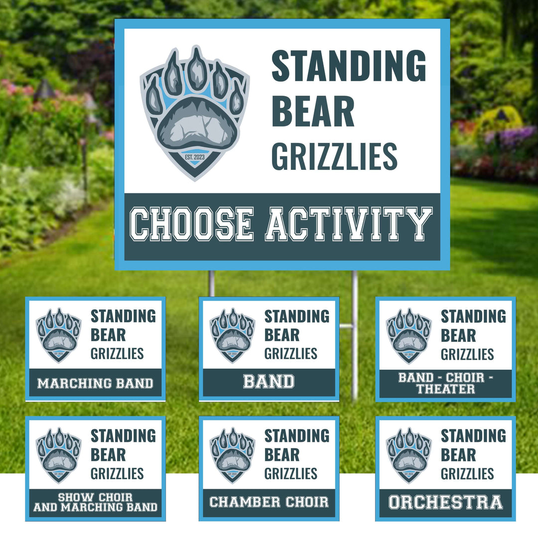 Personalized yard sign for Standing Bear Performing Arts. The sign features the team logo in the center, surrounded by a background in team colors.