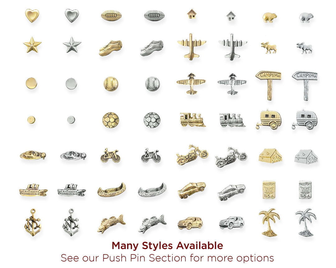 Golfer push pin for push pin travel maps. Solid metal and lead free, these push pins are excellent for marking travels on a push pin map, or use them as a Lapel pin.