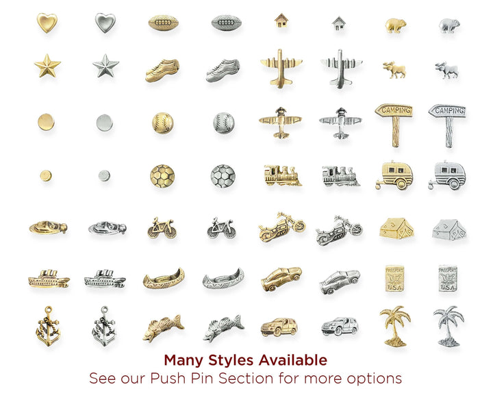 Golfer push pin for push pin travel maps. Solid metal and lead free, these push pins are excellent for marking travels on a push pin map, or use them as a Lapel pin.
