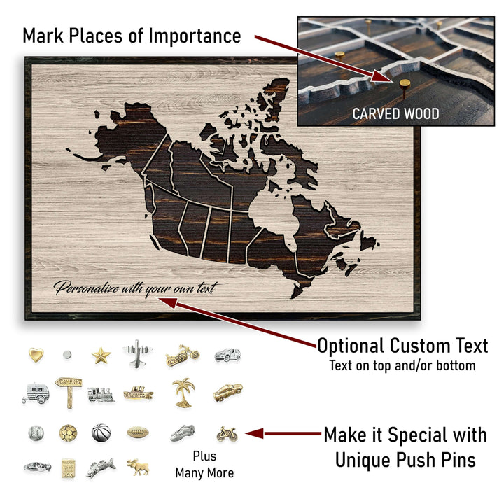 Canada push pin map wood wall art