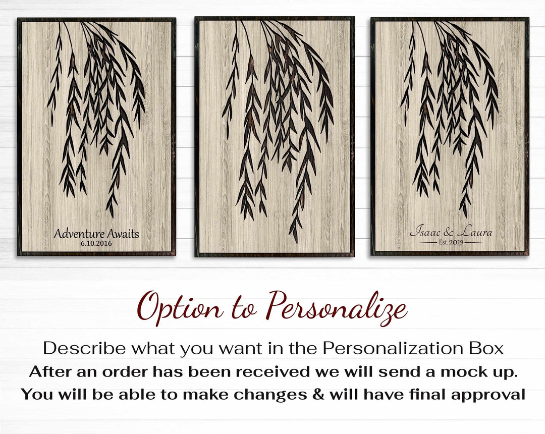 Custom Willow Tree Wood Wall Art: Handcrafted with precision, this stunning wood wall art features a beautifully carved willow tree design. Personalize with names, dates, or a special message for a heartfelt touch. A perfect addition to any room&