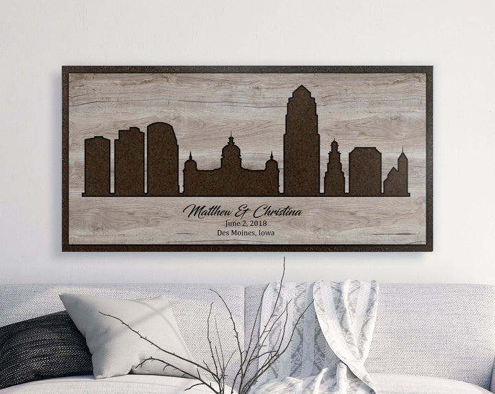 des moines iowa city skyline wood wall art