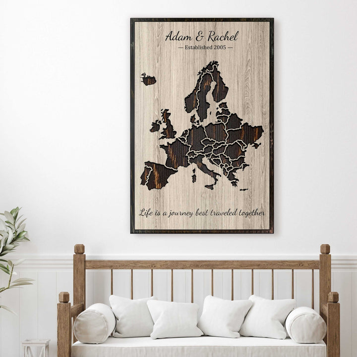 Handcrafted wooden map of Europe, intricately carved to display the continent&