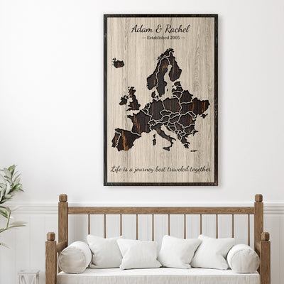 Handcrafted wooden map of Europe, intricately carved to display the continent's borders. Purchase from our large selection of decorative push pins to highlight visited and desired travel destinations across European countries.