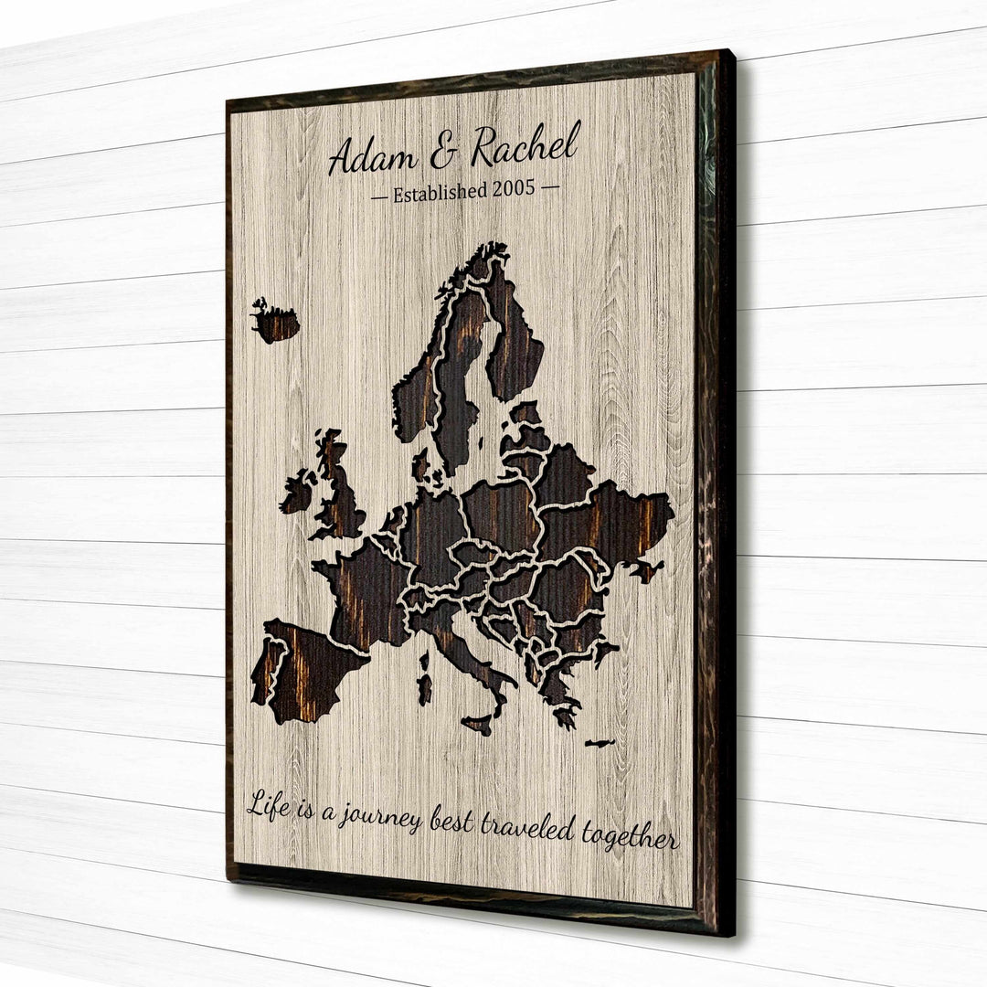 Handcrafted wooden map of Europe, intricately carved to display the continent&