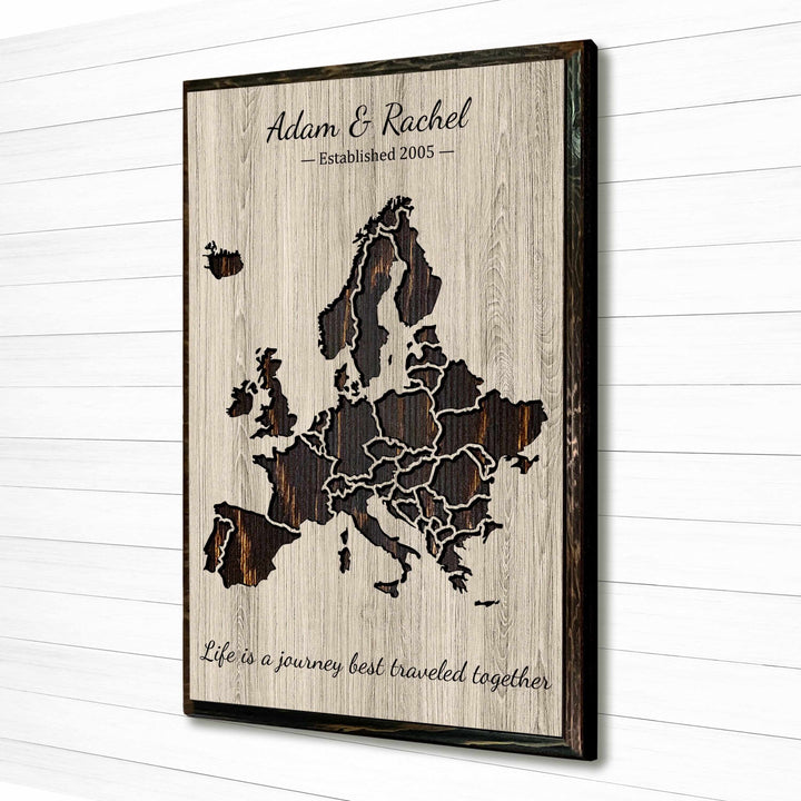 Handcrafted wooden map of Europe, intricately carved to display the continent&