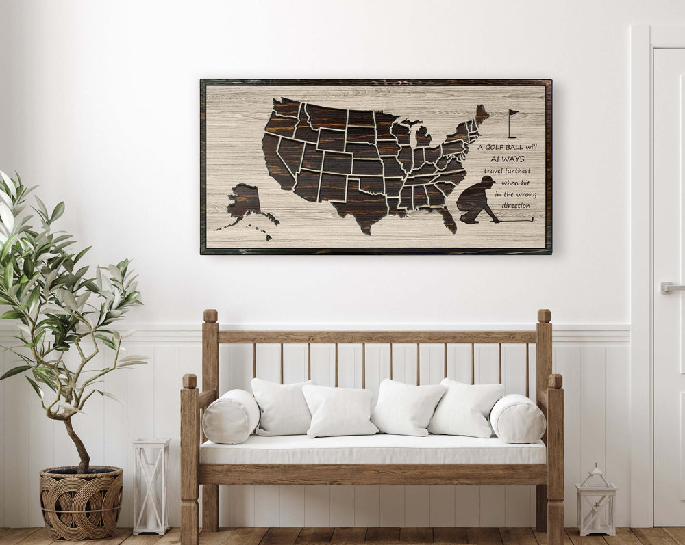 US Push Pin Golf Map to mark golf courses played. Custom carved wooden map that is the perfect gift for any golfer.