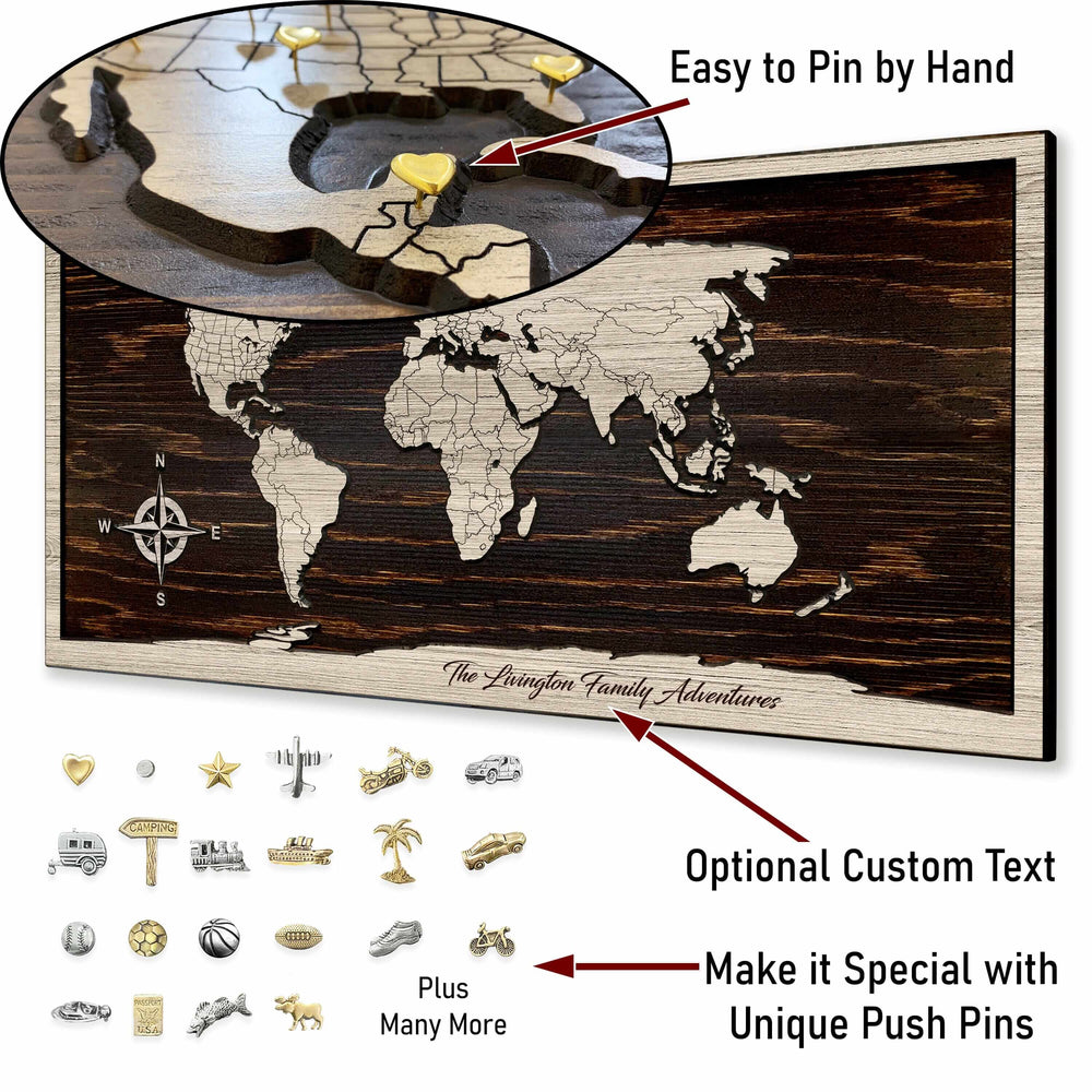 Large Push Pin World Map Wood Wall Art Carved