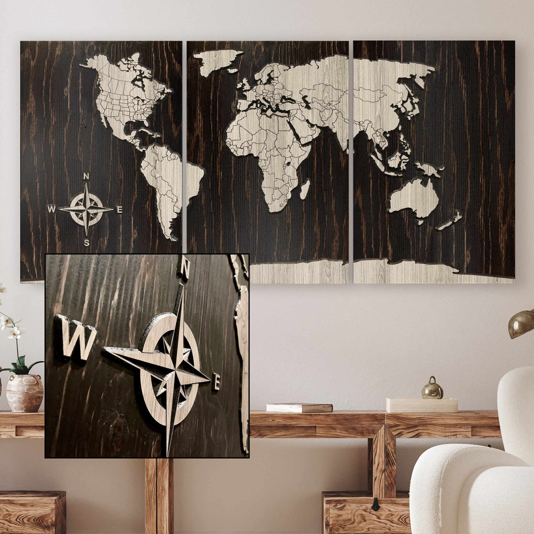 Large Push Pin World Map Wood Wall Art Carved