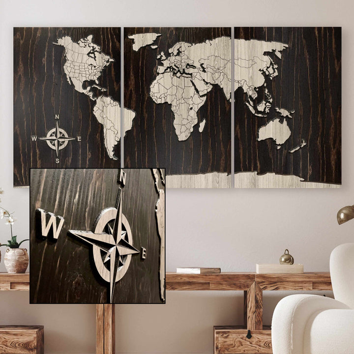 Large Push Pin World Map Wood Wall Art Carved