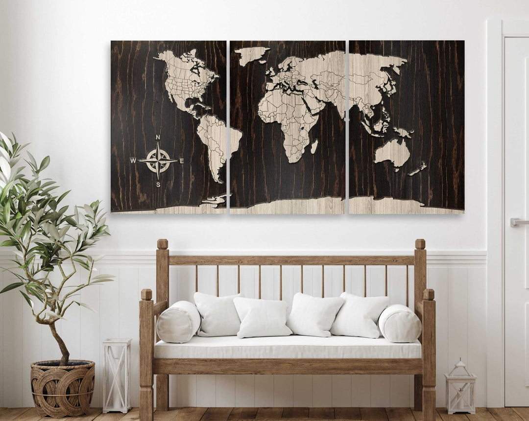 Large Push Pin World Map Wood Wall Art Carved