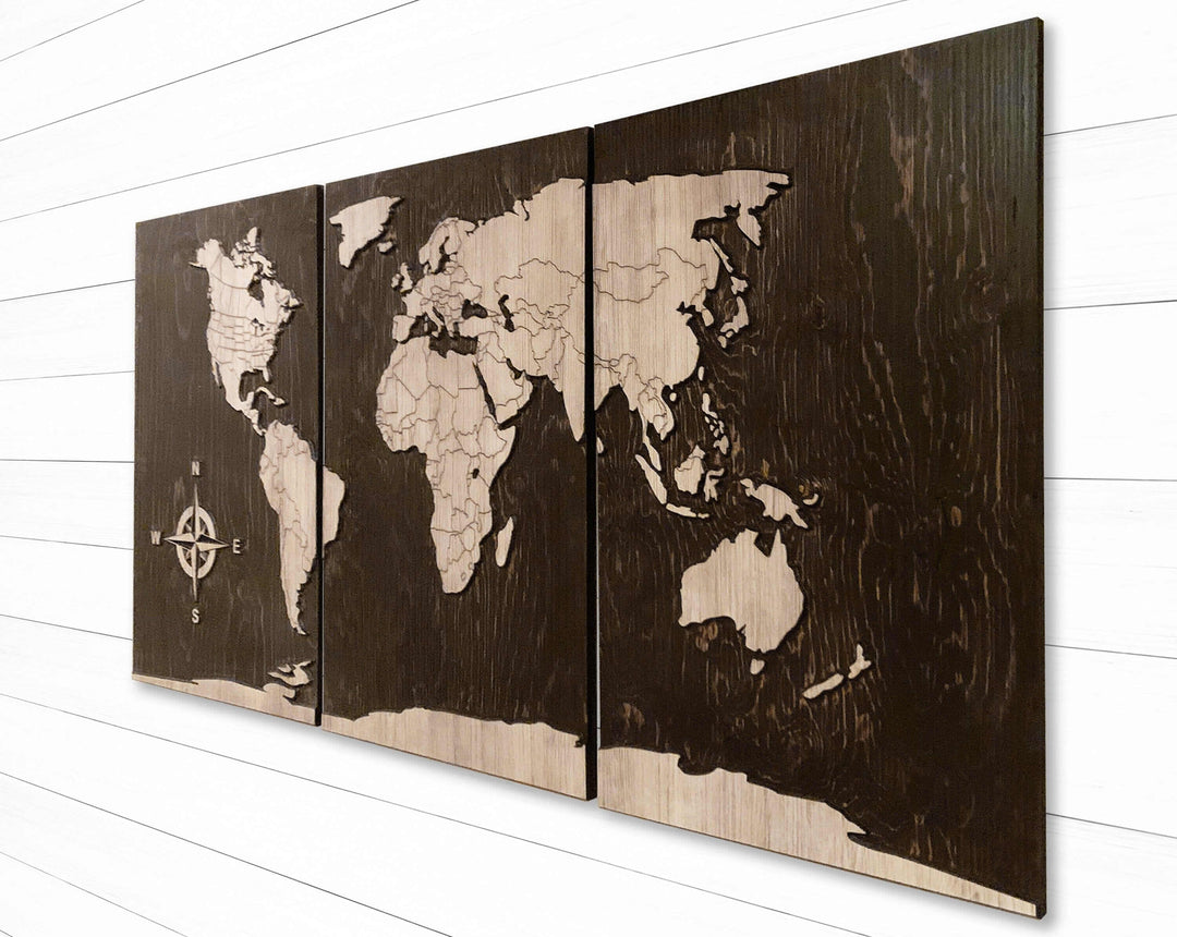 Large Push Pin World Map Wood Wall Art Carved