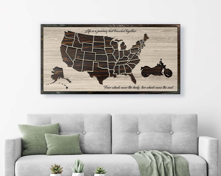 Motorcycle US Push Pin Map Wood Wall Art