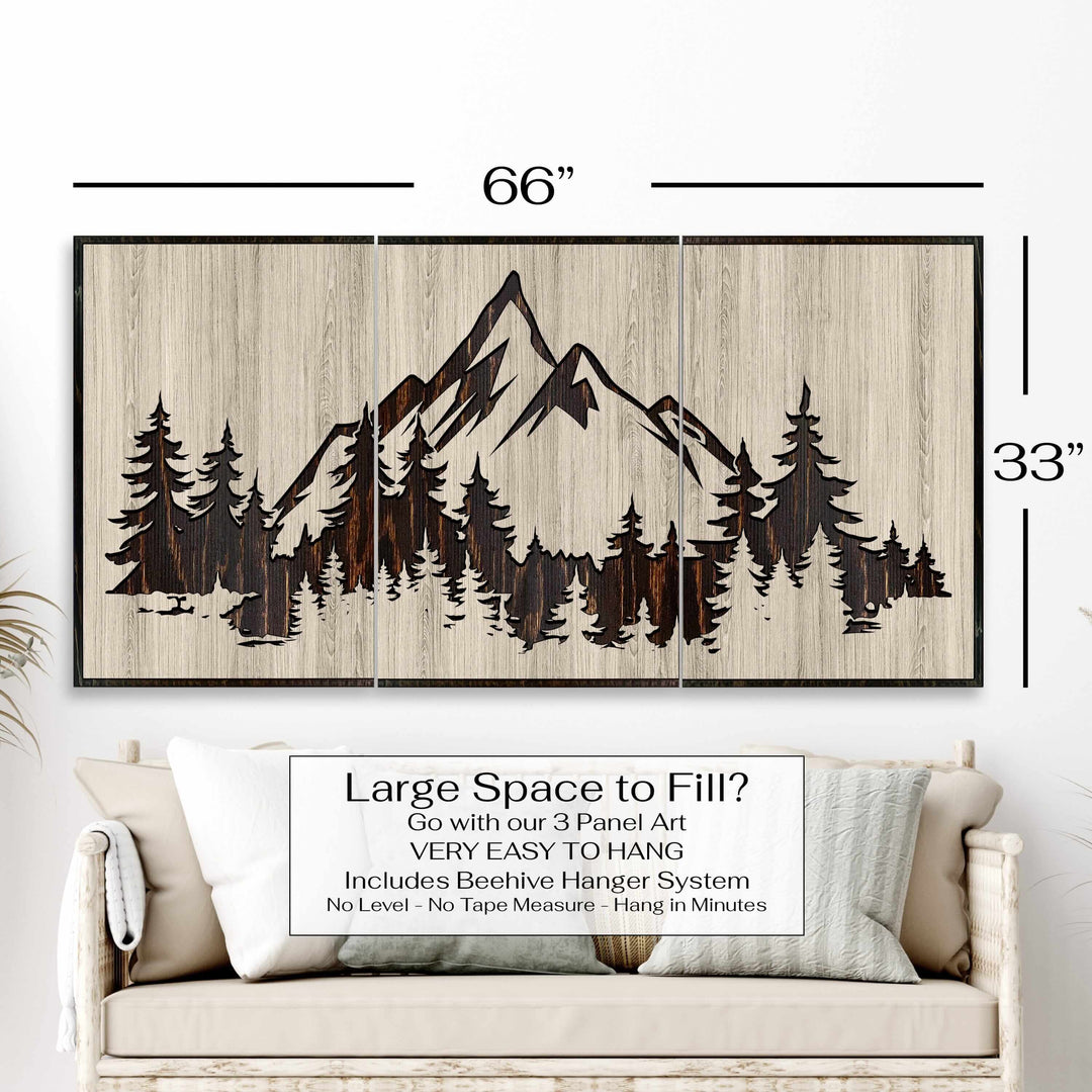 carved mountain wood wall art - cabin art - nature art - tree art