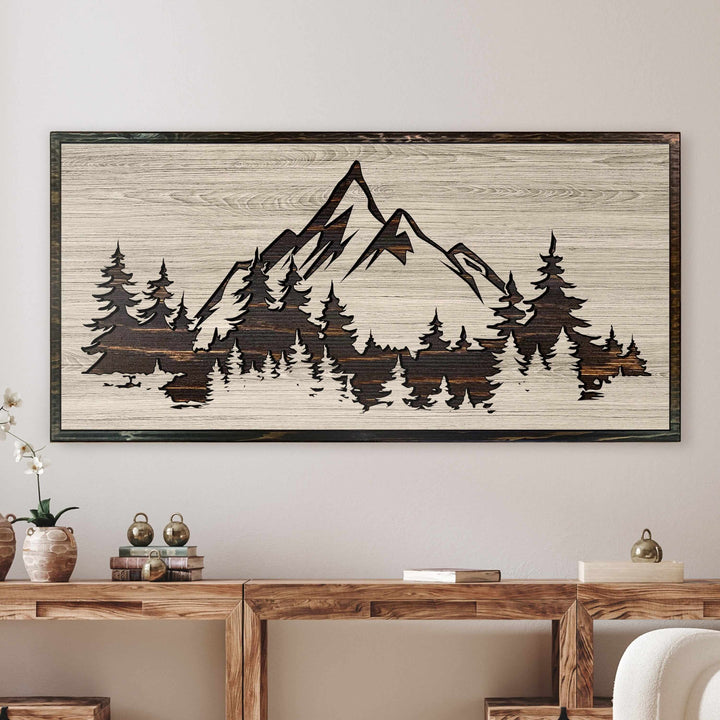 carved mountain wood wall art - cabin art - nature art - tree art