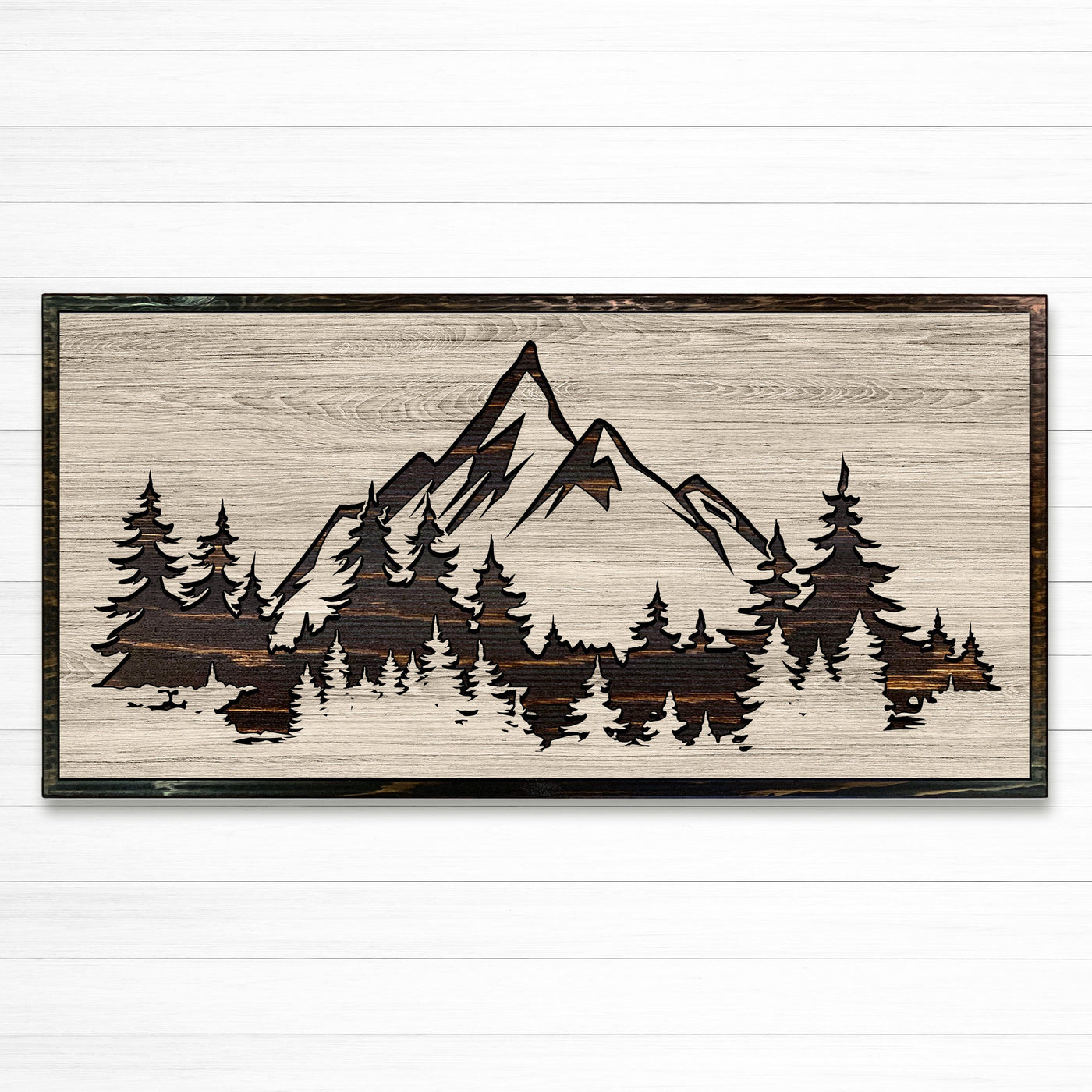 carved mountain wood wall art - cabin art - nature art - tree art