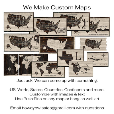 custom wood carved north america push pin map that can be personalized with text