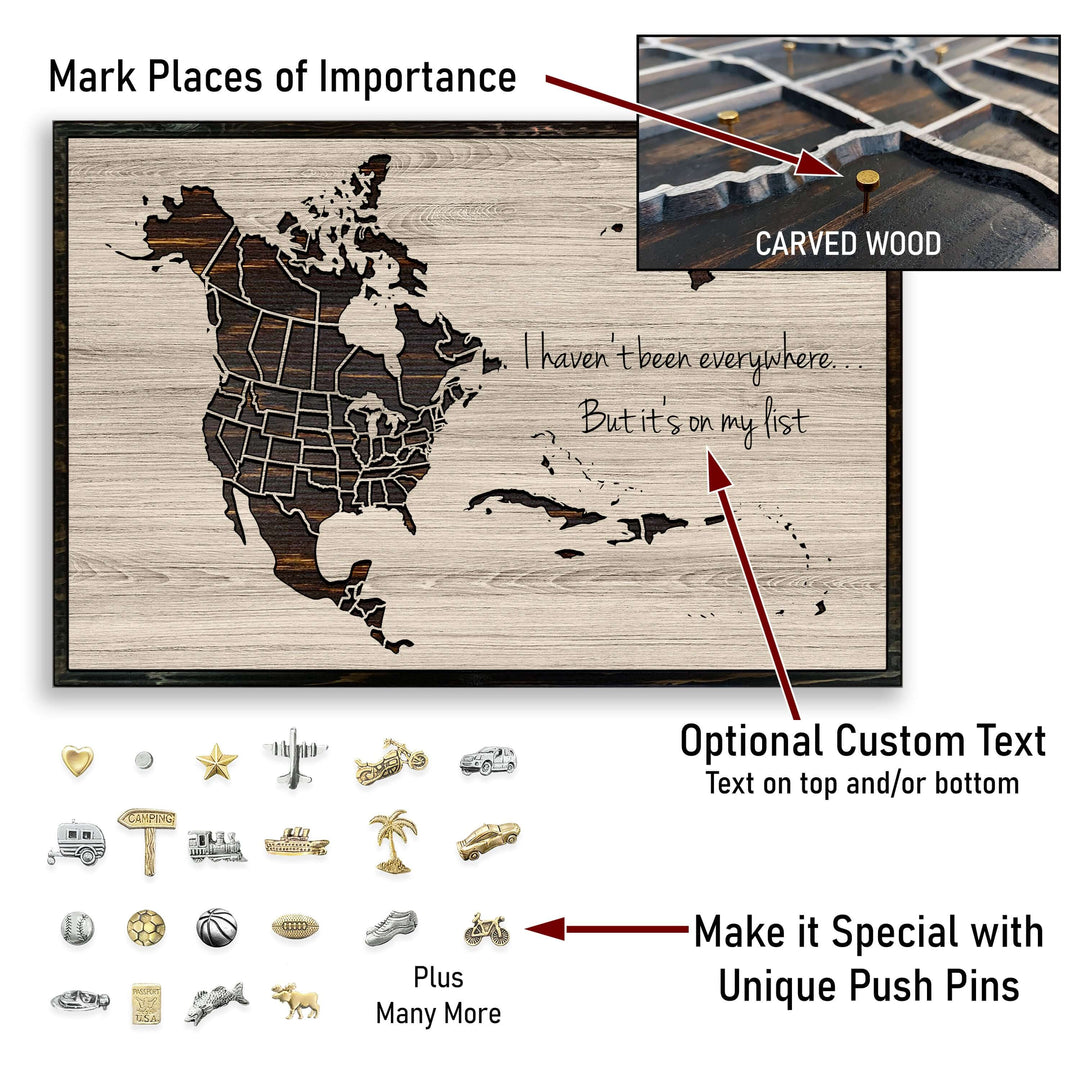 North American push pin map wood wall art