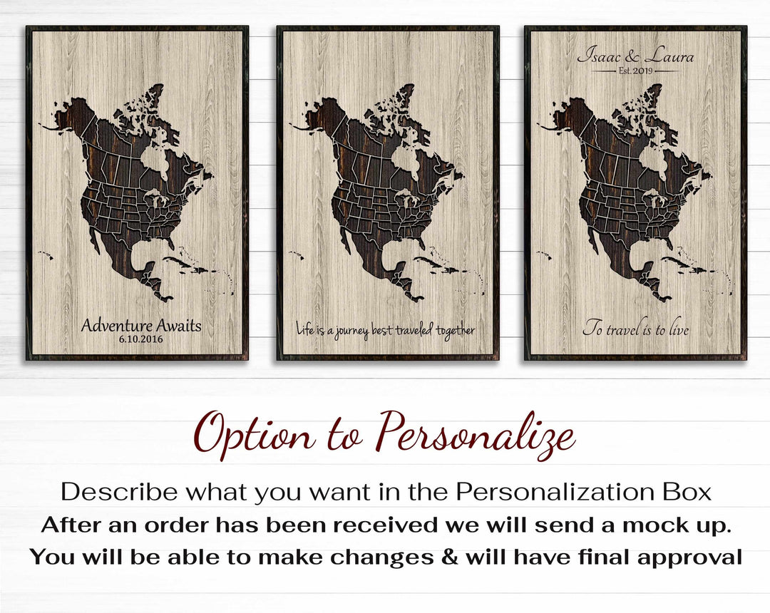 custom wood carved north america push pin map that can be personalized with text
