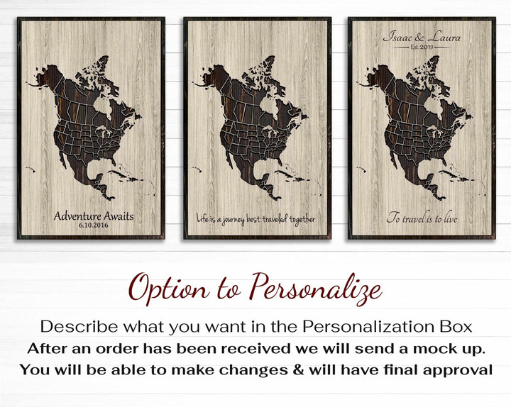 custom wood carved north america push pin map that can be personalized with text