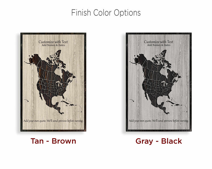 custom wood carved north america push pin map that can be personalized with text
