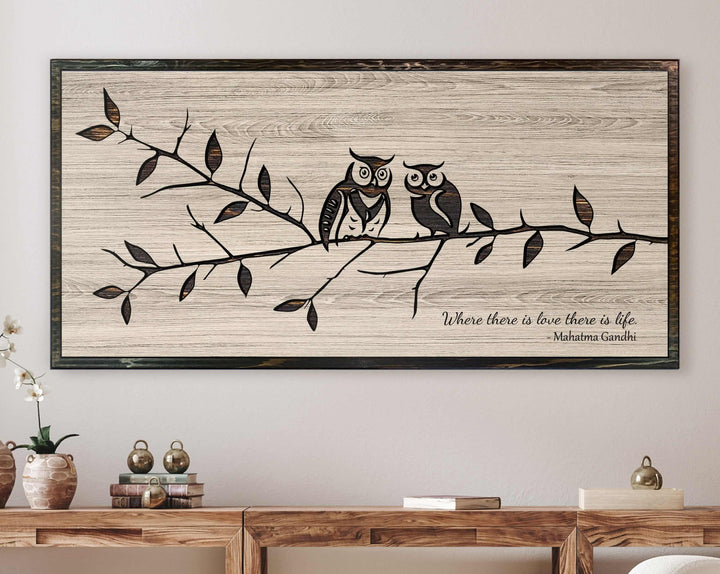 Exquisitely Handcrafted carved custom Wood Wall Art Featuring Delightful Owls Perched on a Branch