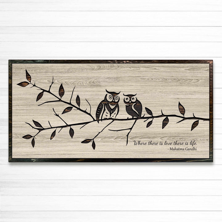 Exquisitely Handcrafted carved custom Wood Wall Art Featuring Delightful Owls Perched on a Branch