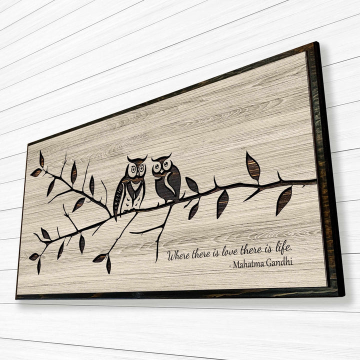Exquisitely Handcrafted carved custom Wood Wall Art Featuring Delightful Owls Perched on a Branch