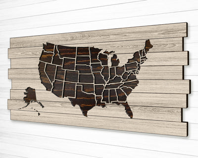 Pallet wood us push pin map, custom carved wooden map with staggered boards