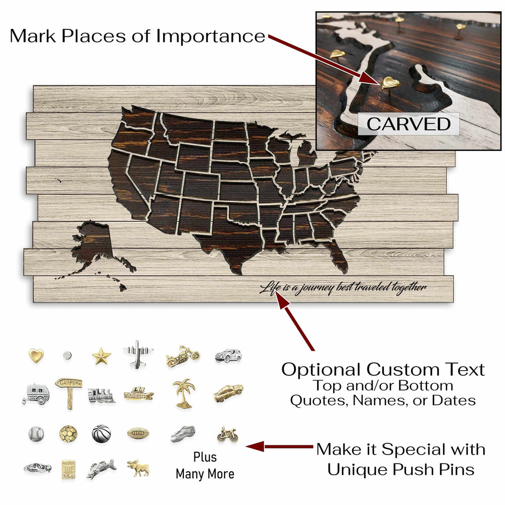 Pallet wood us push pin map, custom carved wooden map with staggered boards