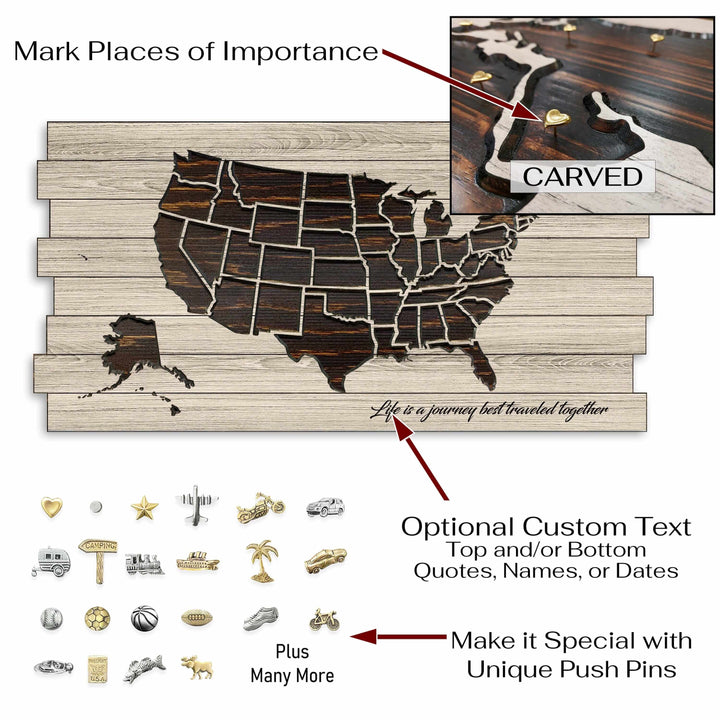 Pallet wood us push pin map, custom carved wooden map with staggered boards