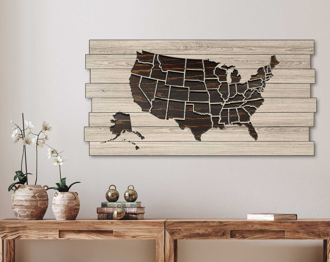 Pallet wood us push pin map, custom carved wooden map with staggered boards