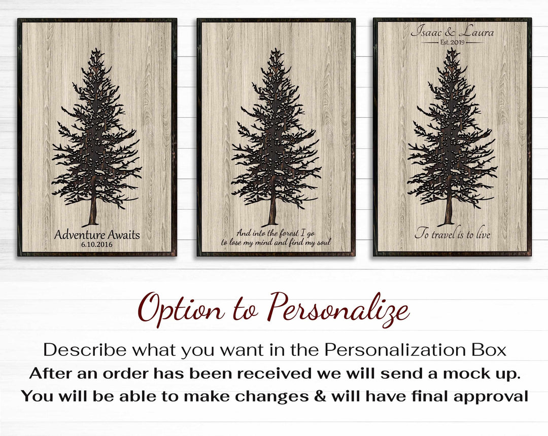 Custom Pine Tree Wood Wall Art: Handcrafted with precision, this stunning wood wall art features a beautifully carved evergreen tree design. Personalize with names, dates, or a special message for a heartfelt touch. A perfect addition to any room&