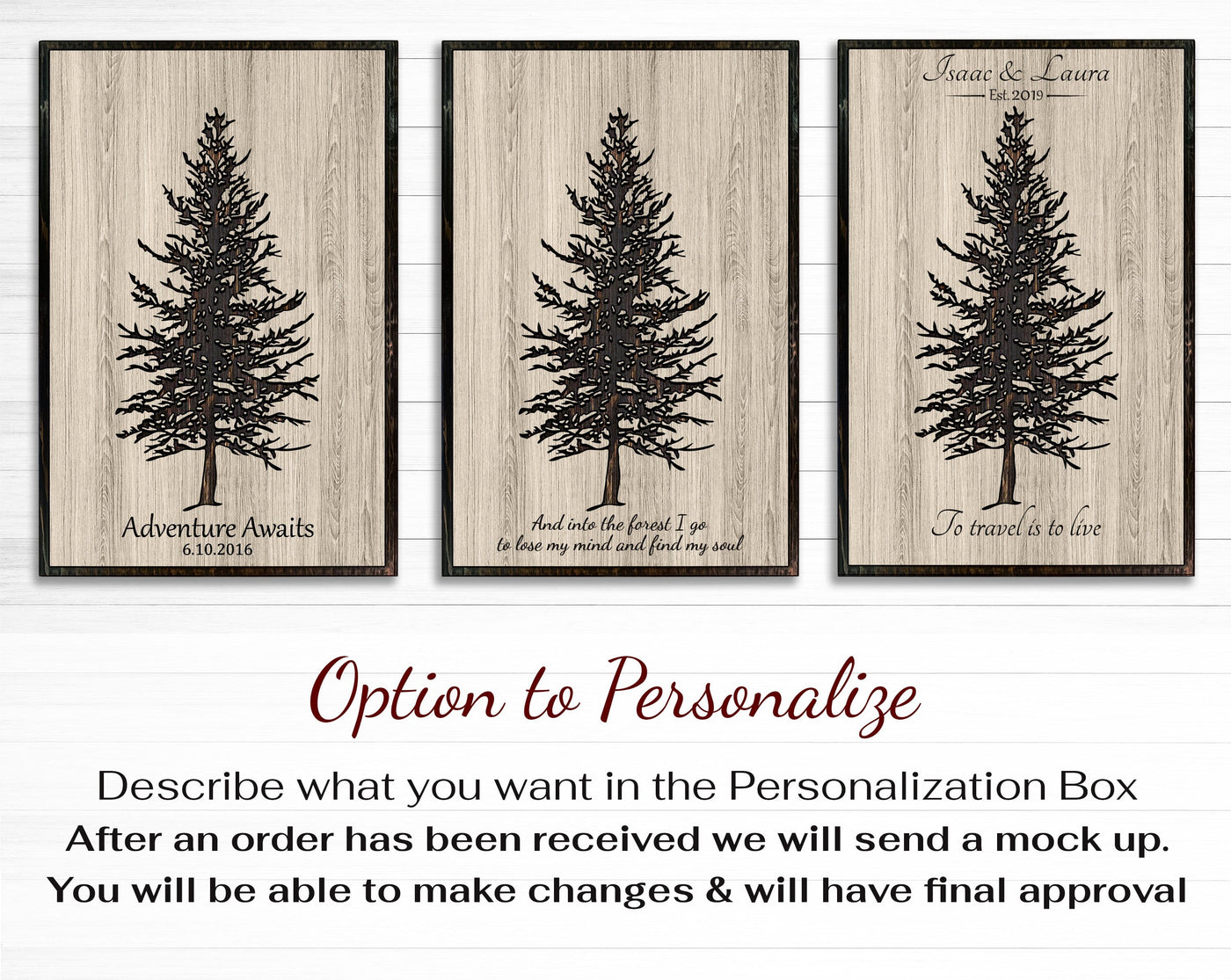 Custom Pine Tree Wood Wall Art: Handcrafted with precision, this stunning wood wall art features a beautifully carved evergreen tree design. Personalize with names, dates, or a special message for a heartfelt touch. A perfect addition to any room's decor, bringing the charm of nature and the warmth of personalization together.