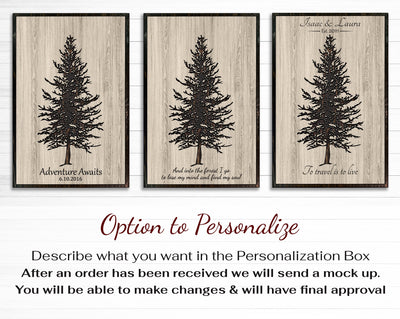 Custom Pine Tree Wood Wall Art: Handcrafted with precision, this stunning wood wall art features a beautifully carved evergreen tree design. Personalize with names, dates, or a special message for a heartfelt touch. A perfect addition to any room's decor, bringing the charm of nature and the warmth of personalization together.