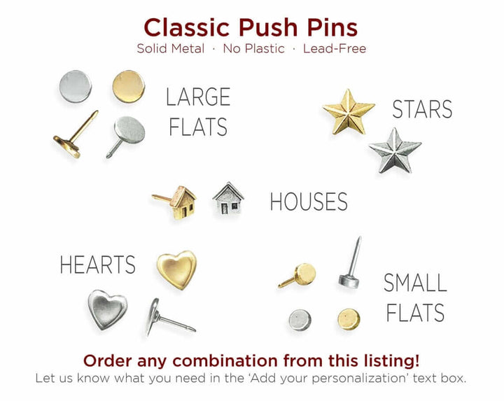 Solid Metal Push Pins for US and World travel maps. Custom, decorative pins for most any type of travel