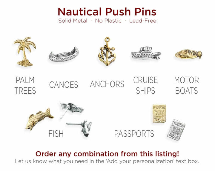 Solid Metal Push Pins for US and World travel maps. Custom, decorative pins for most any type of travel