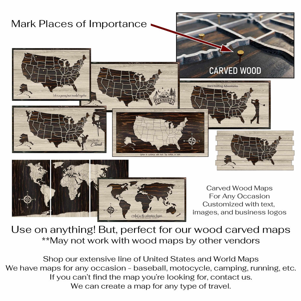 Solid Metal Push Pins for US and World travel maps. Custom, decorative pins for most any type of travel
