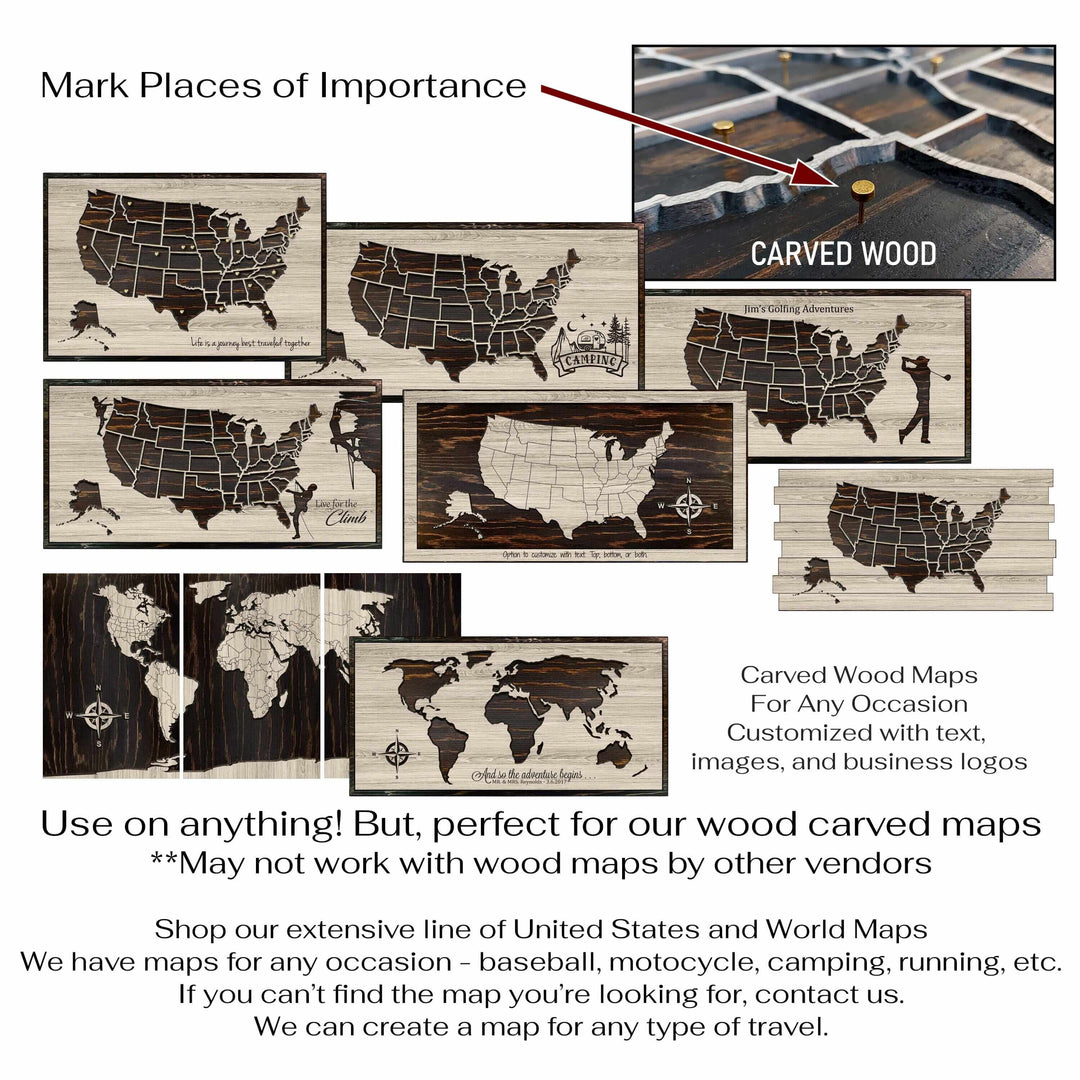 Solid Metal Push Pins for US and World travel maps. Custom, decorative pins for most any type of travel