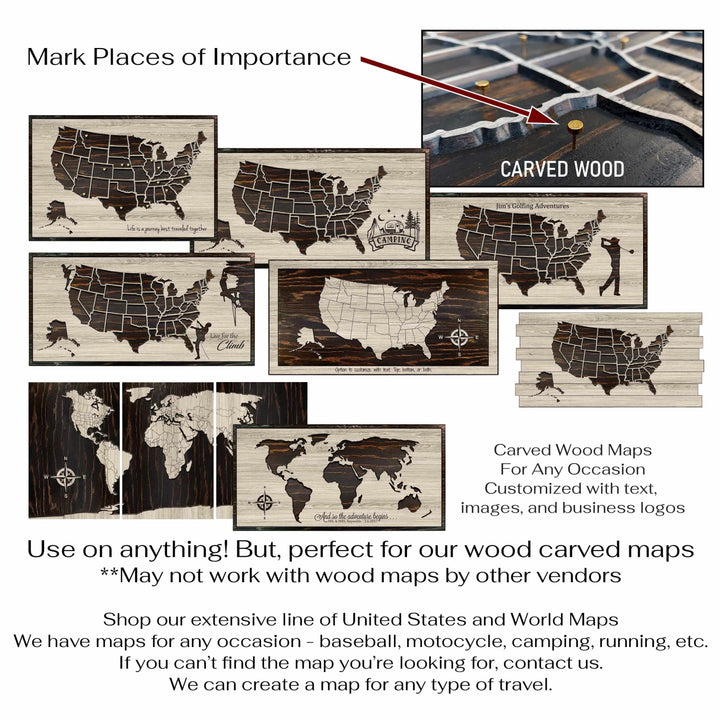 Solid Metal Push Pins for US and World travel maps. Custom, decorative pins for most any type of travel