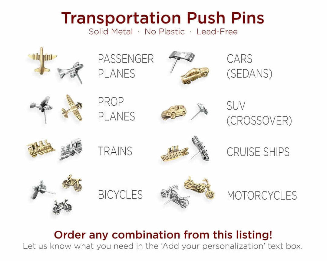 Solid Metal Push Pins for US and World travel maps. Custom, decorative pins for most any type of travel