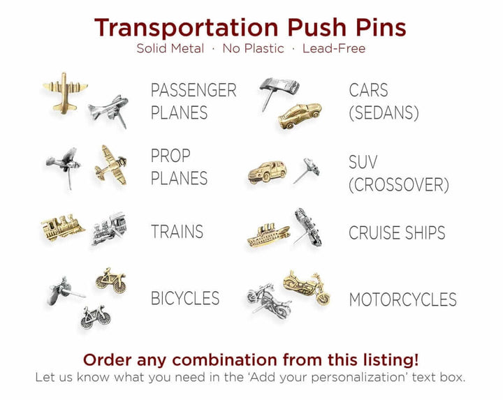Solid Metal Push Pins for US and World travel maps. Custom, decorative pins for most any type of travel
