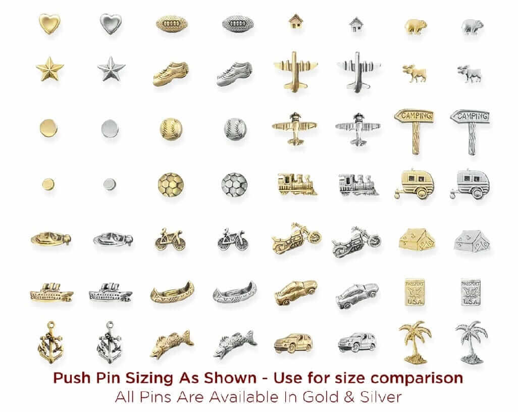 Solid Metal Push Pins for US and World travel maps. Custom, decorative pins for most any type of travel