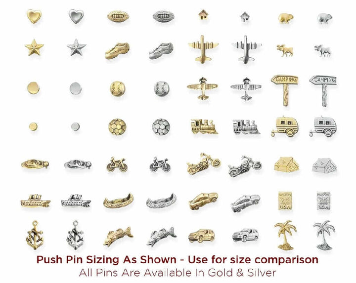 Solid Metal Push Pins for US and World travel maps. Custom, decorative pins for most any type of travel