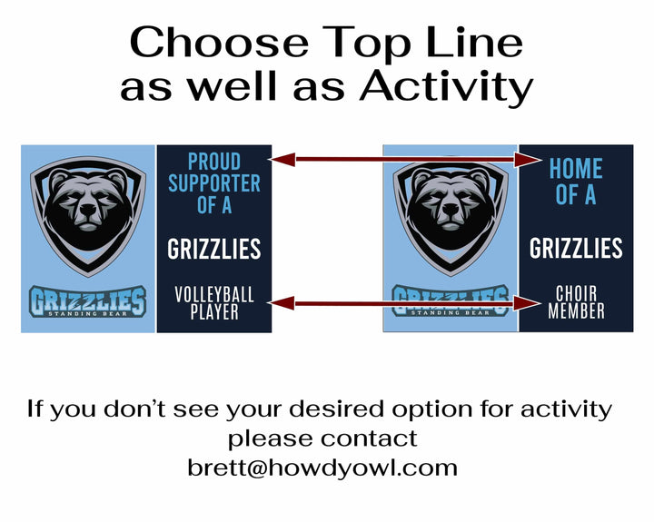 Personalized yard sign for Standing Bear Grizzlies sports team player. The sign features the team logo in the center, surrounded by a background in team colors.